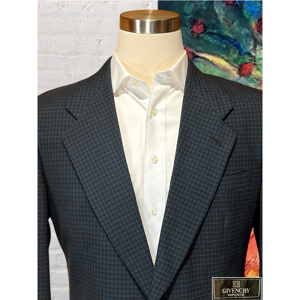 Vtg Givenchy 42L Starlight Blue Cigar Brown Check Plaid Designer Blazer - Picture 7 of 15